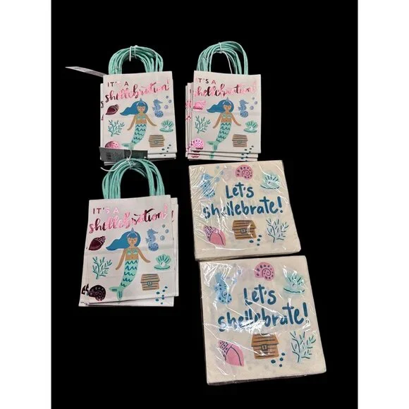 Spritz Paper Gift Treat or Favor Bags Mermaid It's A Shellebration & Napkins Bra - Picture 1 of 4